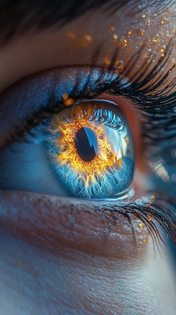 A close-up shot of a blue eye with a golden ring around the pupil. The eye is surrounded by long eyelashes and a hint of shimmery eyeshadow. The image captures the intricate details of the eye, highlighting its beauty and complexity.