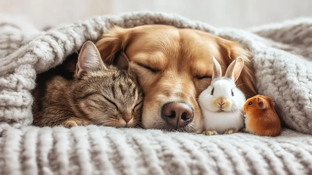 A golden retriever dog, a cat, a rabbit, and a guinea pig are all cuddled together, sleeping peacefully under a knitted blanket. The scene is peaceful and heartwarming, showcasing the bond between different animals. The soft lighting and warm colors create a cozy and inviting atmosphere.
