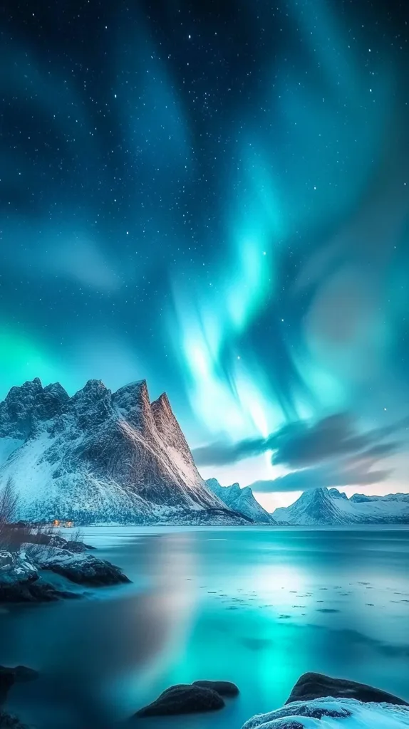 The image shows a serene and magical landscape with a stunning display of the Northern Lights dancing across a starry sky. The aurora borealis casts a vibrant, turquoise glow over the snow-capped mountains and a tranquil, mirror-like lake in the foreground.  The scene evokes a sense of wonder and awe, highlighting the beauty and power of nature.