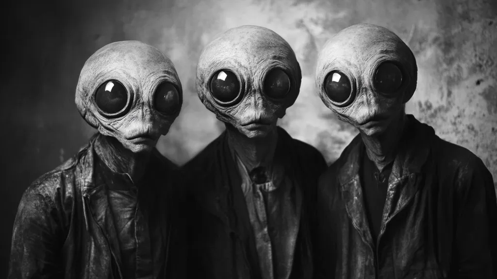 The image shows three alien-like figures with large, dark eyes and wrinkled, gray skin. They are dressed in dark clothing and have a serious, almost menacing look on their faces. The image is in black and white, which adds to the mysterious and unsettling atmosphere. The background is a blurred, textured wall, further emphasizing the subjects. The composition and lighting create a sense of isolation and intrigue, inviting the viewer to ponder the nature of these enigmatic beings.