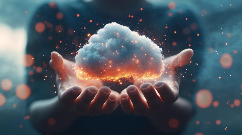 A pair of hands are cupped together, holding a swirling, glowing cloud. The cloud is filled with sparks and has a fiery orange glow at its base. The background is a blurry blue with sparkling lights. The image conveys a sense of power, mystery, and energy.