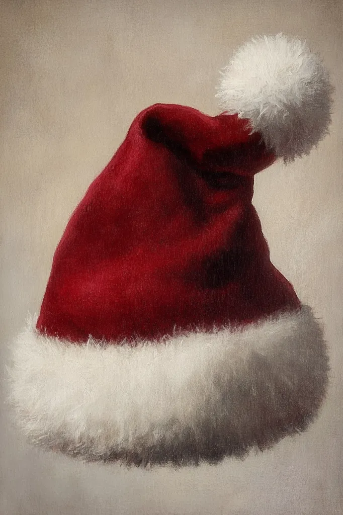 A red and white Santa hat with a fluffy white pom-pom sits against a light beige background. The hat is made of felt and has a white fur trim. The pom-pom is large and fluffy, and the hat is tilted to one side. The image is a simple and festive representation of the holiday season.
