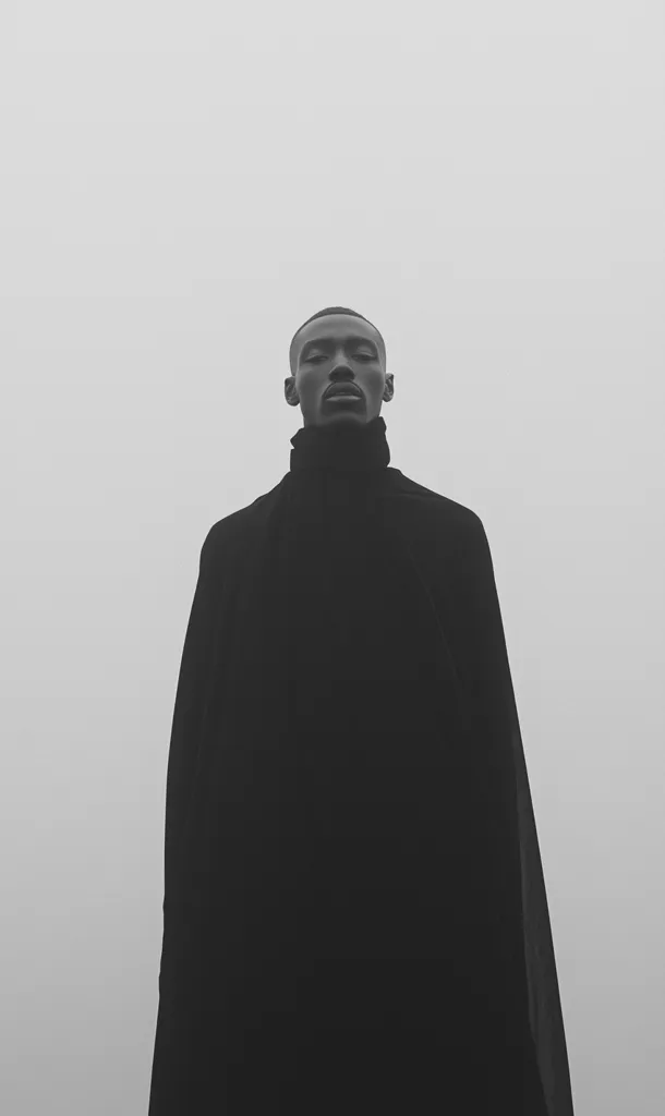 A man in a black turtleneck and long coat stands against a white background. His eyes are closed and his expression is calm. The background is blurred, creating a sense of mystery and isolation. The image is shot in black and white, emphasizing the contrast between light and dark. The man's posture is relaxed and confident, suggesting a sense of inner peace.