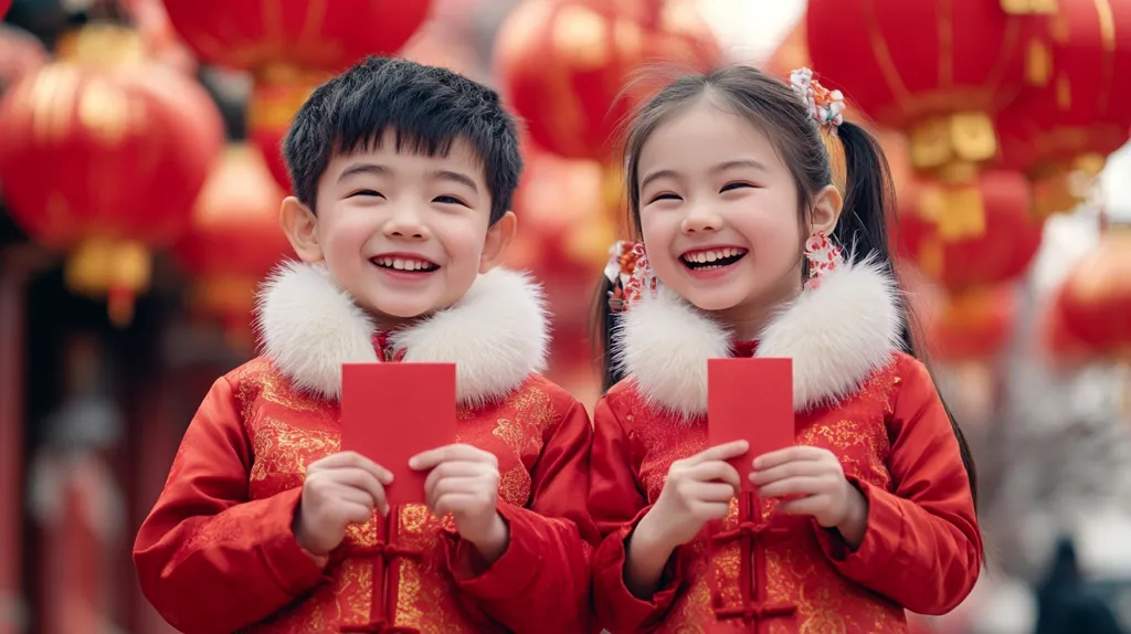 Two children, a boy and a girl, are dressed in traditional red Chinese clothing with fur collars. They are smiling and holding red envelopes in front of a blurry background of red lanterns. They appear to be celebrating the Chinese New Year.