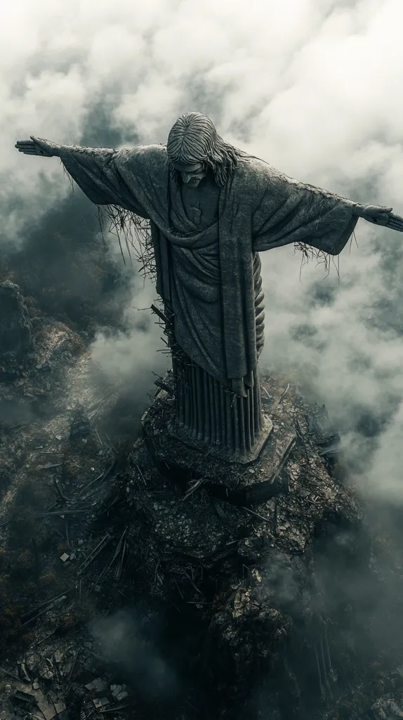 A stone statue of Jesus Christ stands atop a ruined landscape, shrouded in mist and smoke. His arms are outstretched, and his face is obscured by the fog. The statue's base is partially crumbled, suggesting destruction and decay. The image evokes a sense of desolation and abandonment.