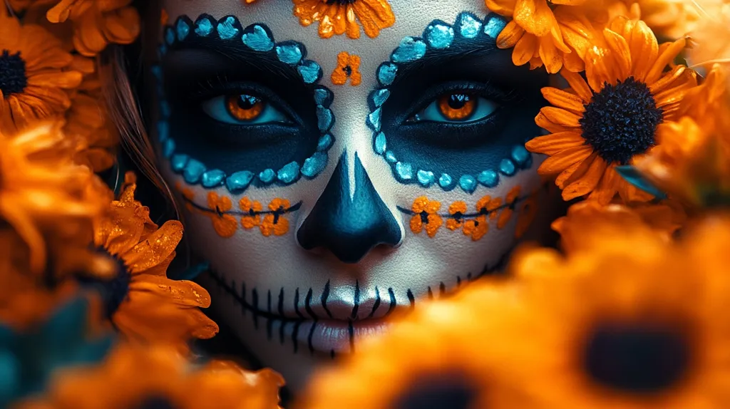 The image shows a woman with vibrant Day of the Dead makeup. Her face is painted to resemble a skull with intricate blue and white details. Her eyes are accentuated with bold black eyeliner and bright blue contacts. The image is framed by vibrant orange sunflowers, creating a striking contrast of colors. The woman's expression is enigmatic, hinting at a blend of beauty and mystery.