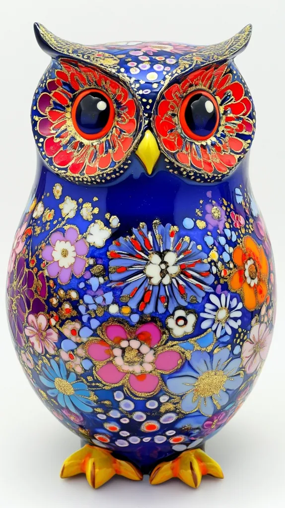 A ceramic owl figurine is painted in a vibrant blue, adorned with intricate floral patterns in shades of pink, purple, orange, and white.  Gold accents highlight the flowers, adding a touch of sparkle to the owl's design.  The owl's large, black eyes are rimmed with red and gold, giving them a striking appearance.  The figurine's small, yellow feet are perched on a white background.
