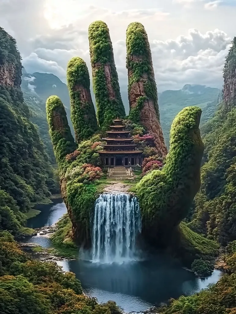 A majestic waterfall cascades down a massive, verdant hand-shaped rock formation. Lush greenery covers the hand, which is nestled amidst towering mountains. A temple sits atop the hand, offering a glimpse of ancient architecture. The scene is breathtaking, showcasing the harmonious balance of nature and human creation.