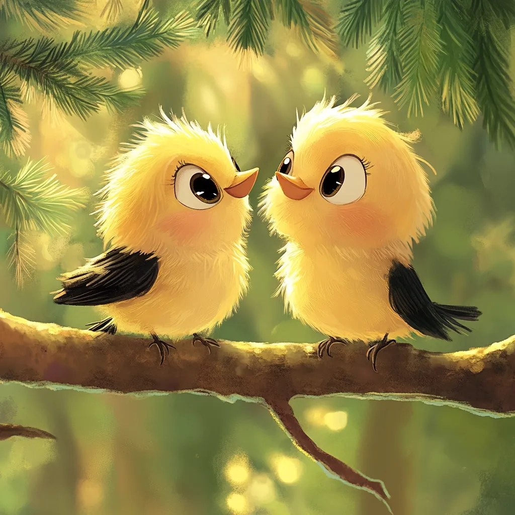 Two yellow birds with black wings are perched on a branch, looking at each other with big, round eyes. The birds have fluffy yellow feathers and are surrounded by green foliage, suggesting a forest setting. The image is bright and cheerful, conveying a sense of love and happiness.