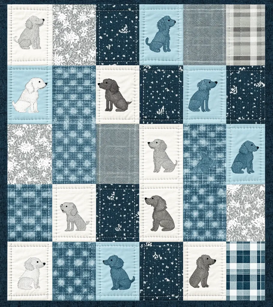 A patchwork quilt featuring a repeating pattern of grey and white dogs stitched onto squares of different blue patterned fabrics, including plaid, denim, and snowflake prints. The quilt is framed with a dark blue border.  The dogs are all facing forward with their tails curled. The design is simple and whimsical.