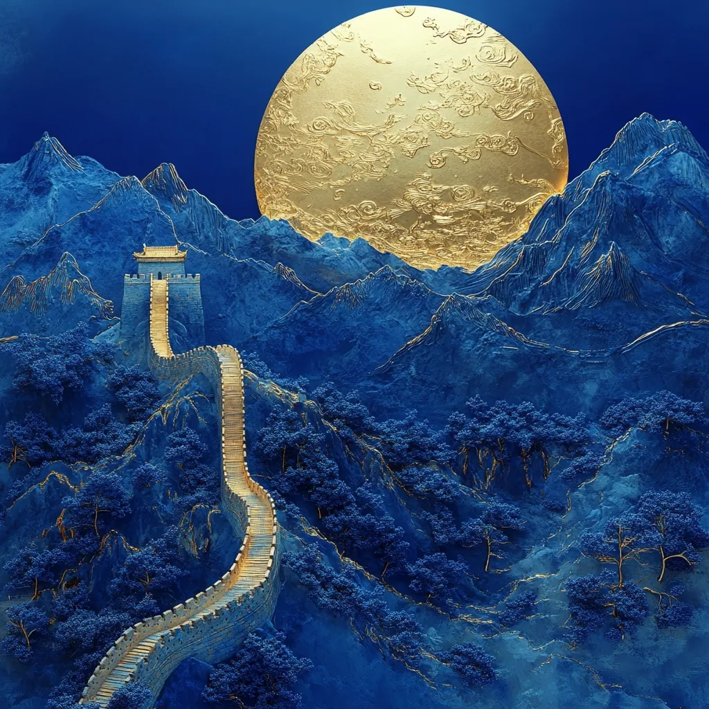 A large golden moon hangs over a blue, mountainous landscape, illuminated by its golden glow. A section of the Great Wall of China winds through the mountains, a golden path leading to a small watchtower. The scene is a stylized and fantastical representation of a traditional Chinese landscape, with a vibrant blue and gold color palette.