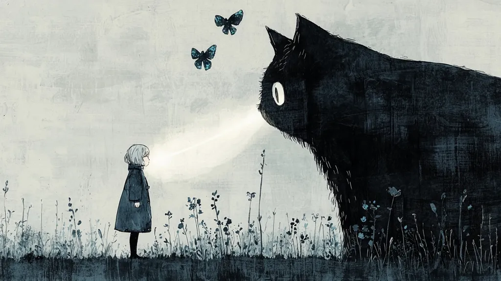 A young girl with short, white hair stands in a field of tall grass, looking up at a large black cat with a single, white eye.  Two blue butterflies float above the girl.  A beam of light connects the cat and the girl, creating a sense of connection and mystery.  The image has a muted, dreamy feel, suggesting a relationship of wonder and perhaps even fear.