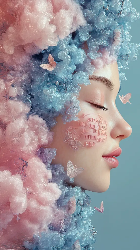 A woman's face is partially obscured by a mass of pink and blue, fluffy, sparkly material.  The material is reminiscent of clouds or cotton candy.  Butterflies are scattered throughout the image, adding to the ethereal and dreamy atmosphere.  The woman's eyes are closed, and she has a soft, peaceful expression.  The background is a soft blue.  The overall effect is one of delicate beauty and tranquility.