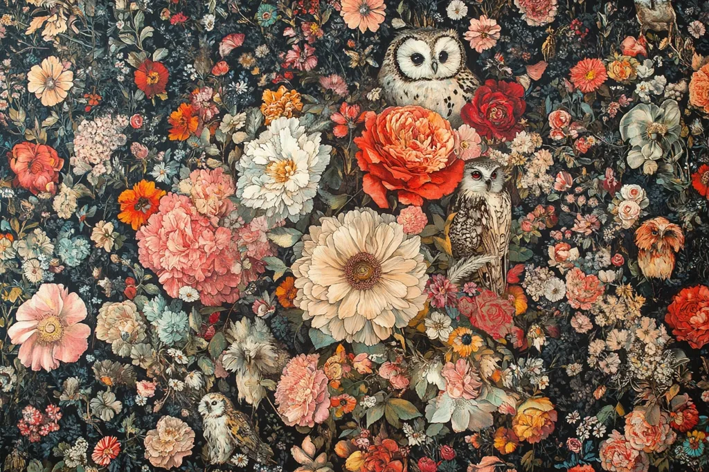 A vibrant tapestry of flowers and owls. The background is a deep black, which allows the bright colors of the flowers to pop. The owls are perched amongst the flowers, and they appear to be looking at the viewer. The flowers are a variety of colors, including red, pink, yellow, and white. The overall effect is one of beauty and wonder.