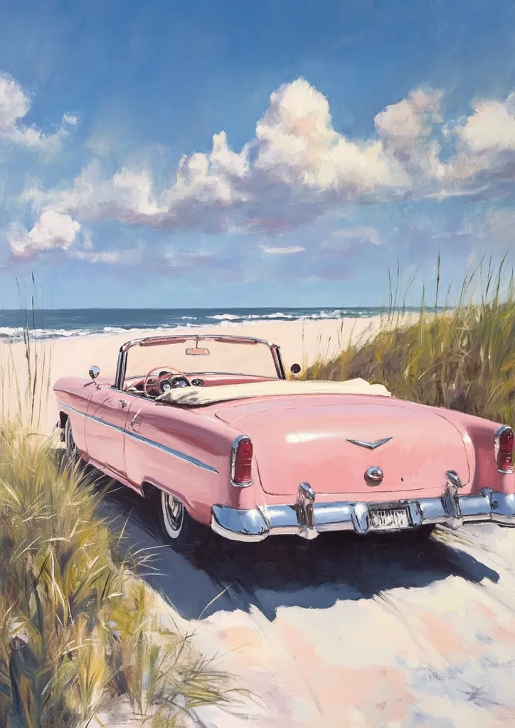 A pink vintage convertible car is parked on a sandy beach with tall grass in the foreground. The sky is blue with puffy white clouds. The ocean is in the background, and the scene is calm and serene. The car is facing away from the viewer, and its rear end is visible.