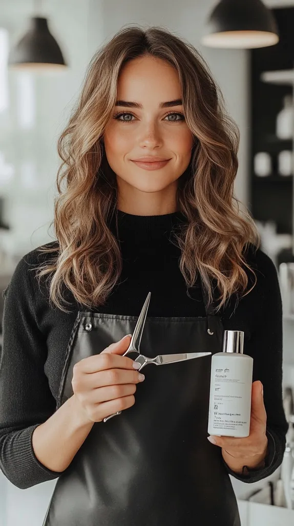 A woman with long, wavy brown hair is wearing a black turtleneck sweater and black apron. She is holding a pair of silver shears in one hand and a bottle of hair product in the other. The woman is smiling and looking at the camera. The background is out of focus and shows a salon setting with white walls and a light fixture. The image conveys a sense of professionalism and beauty.