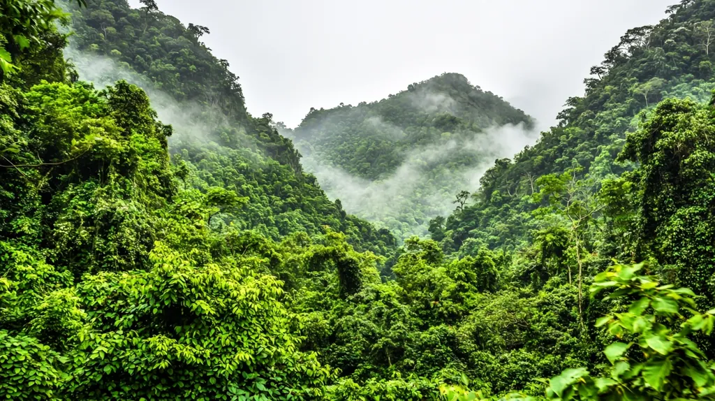The image captures a lush, verdant jungle landscape. Two verdant hillsides, cloaked in thick foliage, rise from the foreground. Wispy clouds drift through the canopy, adding an ethereal touch to the scene. The lush greenery, with its vibrant shades of green, creates a sense of tranquility and isolation. The image evokes a sense of mystery and invites the viewer to explore the hidden depths of the jungle.