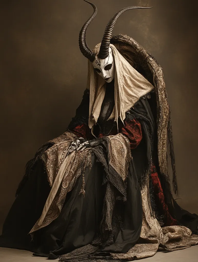 A figure with long, black horns and a white mask sits on a brown floor, draped in a black and cream robe. Their posture is hunched, their head bent down. The clothing has intricate patterns and textures, creating a sense of mystery and darkness. The image is a mix of haunting beauty and gothic intrigue.