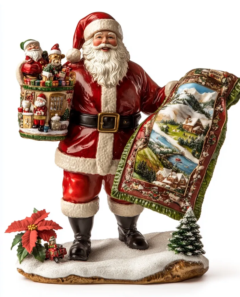 A Santa Claus figurine is holding a large basket of toys in one hand and a red and green patterned rug in the other. He is wearing a red suit with a white trim and a white beard. The figurine is standing on a snowy base with a small Christmas tree and a poinsettia. The rug is decorated with a winter scene with a house, mountains, and a river.