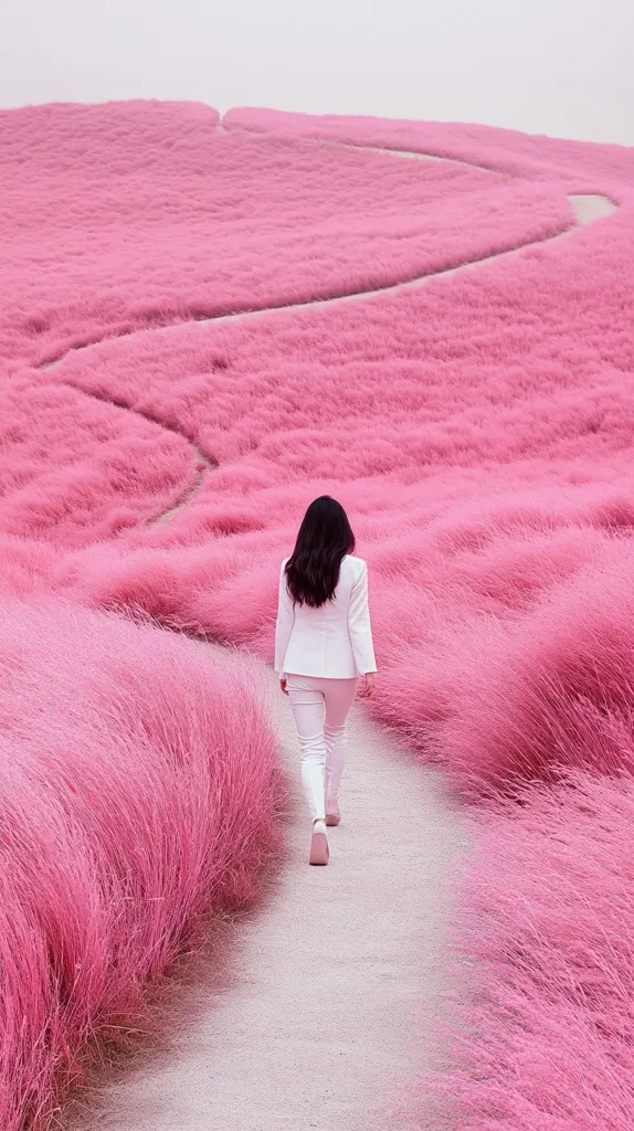 A woman in a white blazer and pants walks along a winding path through a field of soft, pink grass. The path is lined with tall blades of grass, creating a tunnel effect. The image is soft and dreamlike, with a hazy sky in the background. The woman is alone in the field, creating a sense of peace and tranquility. The pink color is a dominant theme, creating a sense of calm and serenity.