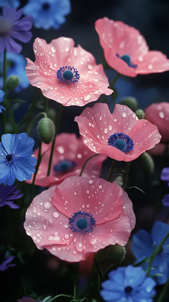 A close-up image of delicate pink poppy flowers with blue centers, their petals glistening with water droplets. The flowers are surrounded by lush green foliage and other blue blooms, creating a vibrant and colorful scene. The image captures the beauty and fragility of nature after a gentle rain shower.