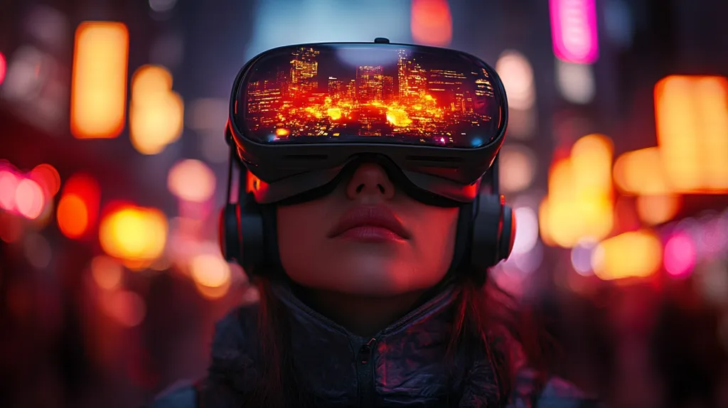 A person wearing a VR headset stands in front of a blurred city background. The headset displays a virtual city skyline, bathed in warm, orange light.  The real city lights are out of focus, creating a dreamy, surreal effect.  The person's eyes are closed, suggesting they are immersed in the virtual world.  The image portrays the merging of the real and virtual worlds.