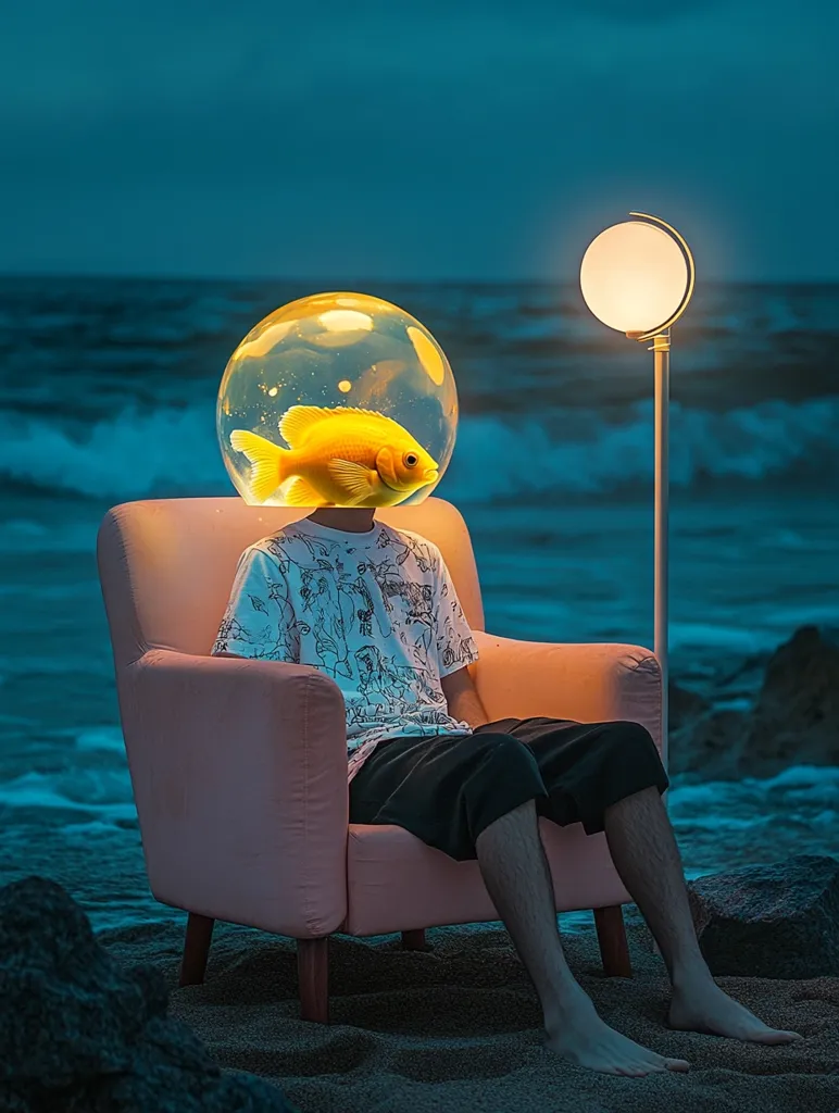 A person sits in a pink armchair on a beach at night. The person is wearing a white shirt with black drawings and black shorts.  They are barefoot and their head is covered by a glass sphere containing a yellow fish. A bright moon-shaped lamp casts light from above. The ocean waves lap at the shore in the background.