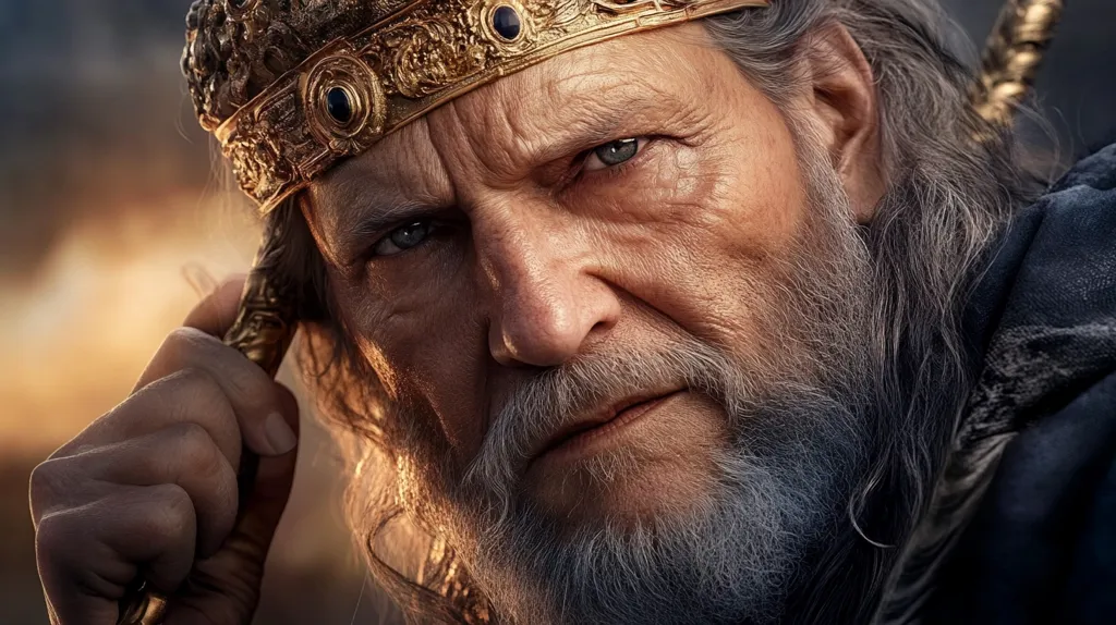 A close-up portrait of a man with a long white beard and grey hair, wearing a gold crown. He looks directly at the viewer with intense, piercing blue eyes. The man has a stern, thoughtful expression, and his hand rests on his chin. The image has a warm, golden tone, suggesting a sense of power and authority.