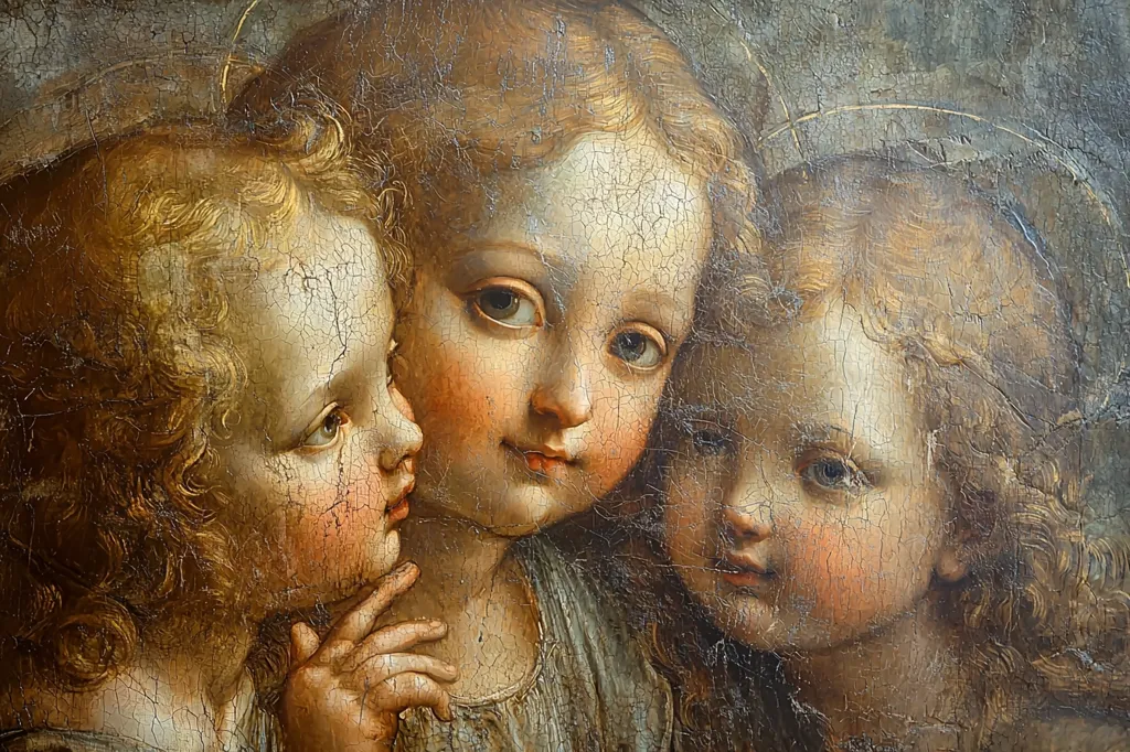 The painting depicts three cherubic children with golden hair, their faces close together. The central child, a girl, has her head tilted down, her eyes closed, and her mouth slightly open.  The child on the left, also a girl, has her head tilted up, her eyes wide open, and her mouth slightly open. The child on the right is a boy, with his eyes closed and his mouth closed. All three children have a gentle, peaceful expression. The painting is done in a realistic style, with attention to detail in the children's features and hair. The background is a faded, cracked texture, possibly representing a heavenly background. The painting is filled with warmth and tenderness, suggesting a moment of intimacy and quiet contemplation.