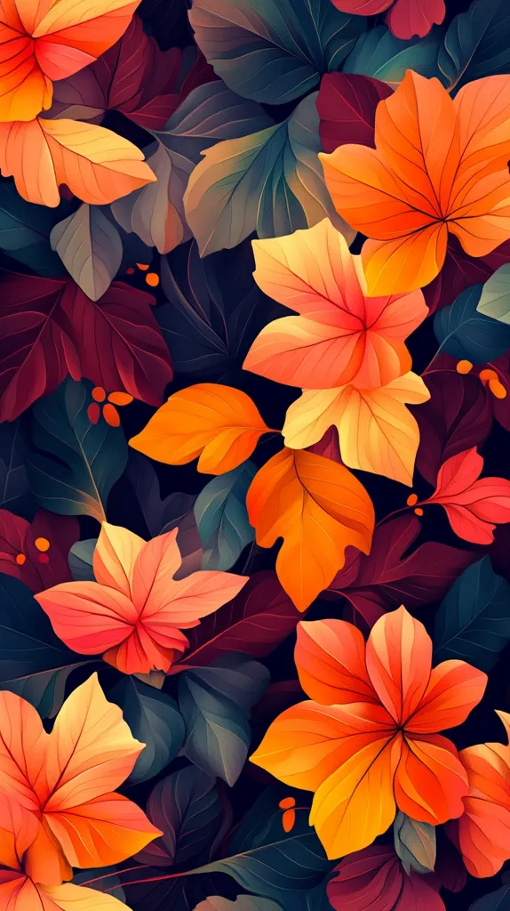 The image is a close-up of a vibrant, colorful autumn leaf arrangement. The leaves are various shades of orange and red, with a dark green background. Some leaves are fully open, while others are curled or partially obscured. There are also hints of deep burgundy leaves adding to the rich color palette. The overall effect is one of warmth, beauty, and the changing seasons.