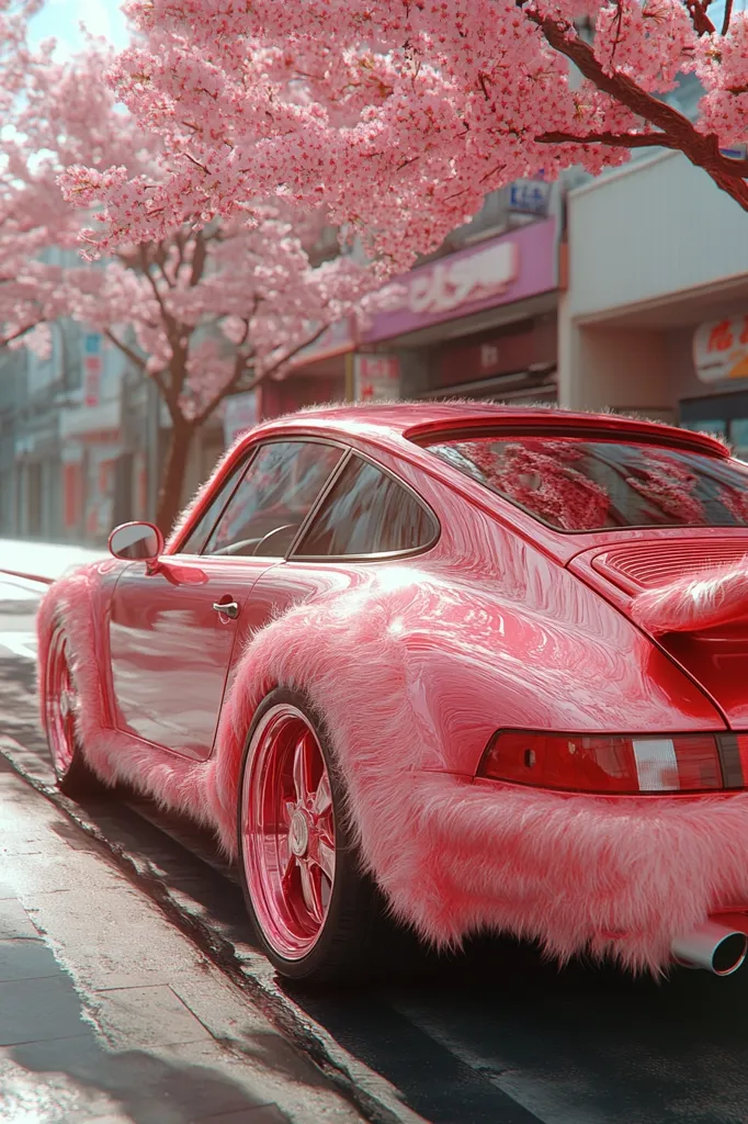 A bright pink car, possibly a Porsche, is parked on a street. The car is covered in a layer of fluffy pink fur. The back tire is visible, with the hubcap showing. The car is parked under a cherry blossom tree. The image is set in a city with a building in the background. The scene is vibrant and whimsical.