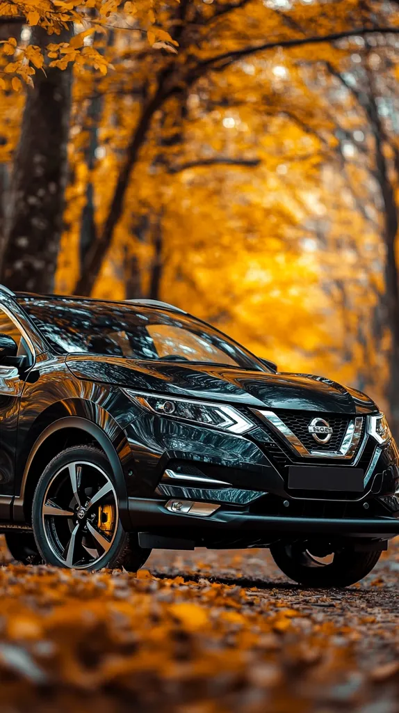 A black SUV is parked on a path surrounded by trees with golden autumn leaves. The car is positioned facing the viewer with its front wheels turned slightly inwards, showing the front grille and headlights. The background is blurred, focusing the attention on the car and the vibrant foliage. The overall image evokes a sense of tranquility and the beauty of autumn.