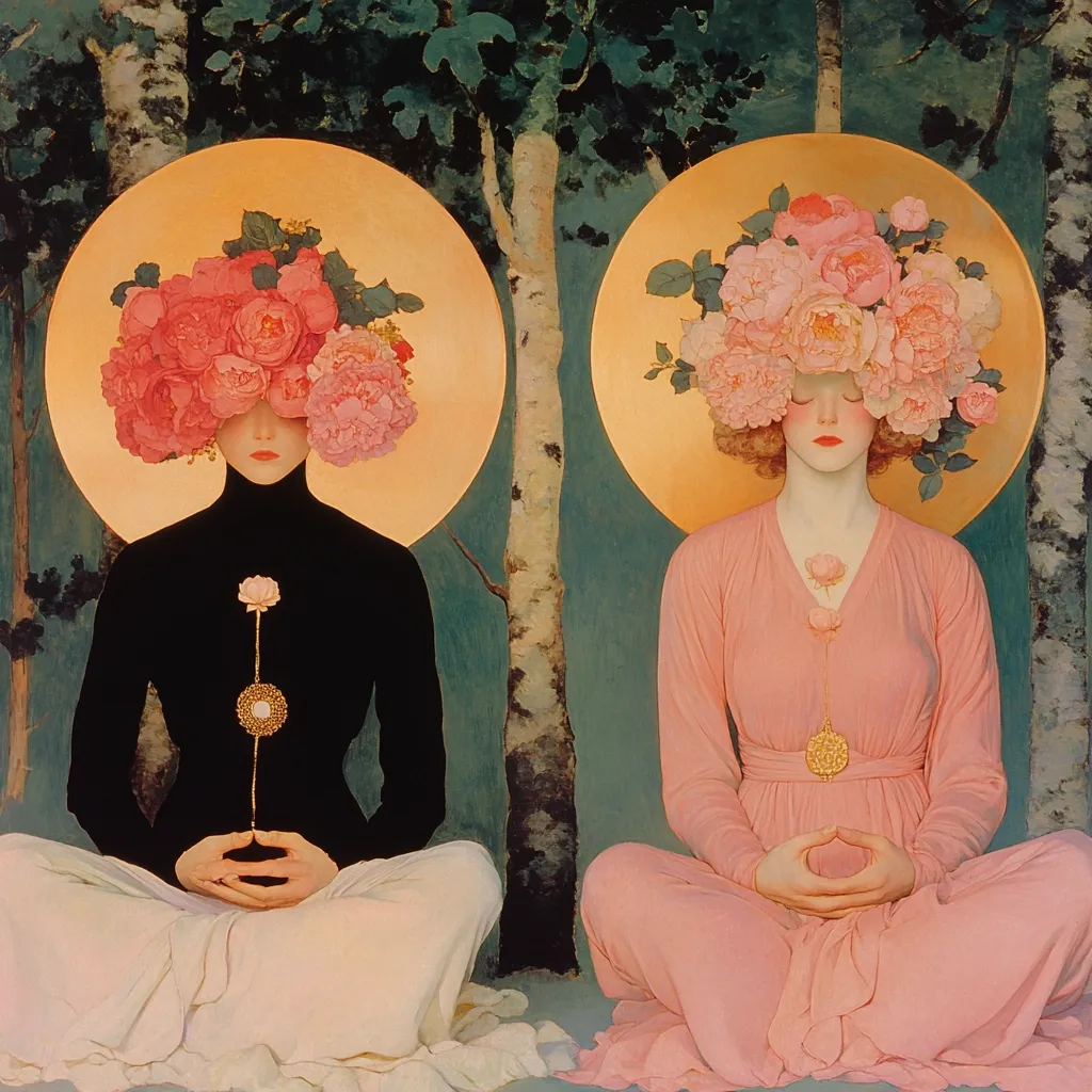 Two women are sitting in a meditative pose in a forest setting. They both have floral headdresses and wear long robes. One woman wears a black robe and the other wears a pink robe. Their poses and expressions suggest serenity. The background is a lush green forest with golden circles surrounding the women's heads. The painting has a dreamlike quality.