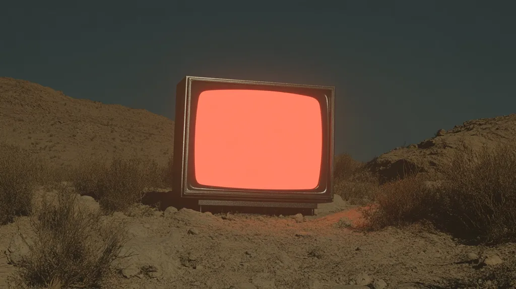 A vintage television set sits alone in a desolate, desert landscape. The screen glows a bright, almost otherworldly red, contrasting sharply with the muted browns and grays of the surrounding hills and scrub brush. The sky is a deep, dark blue, and the only light comes from the screen and the faint glow of the moon. The image evokes a sense of isolation and mystery.