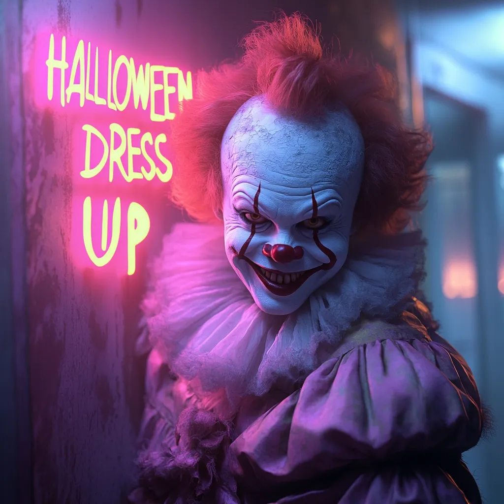 A creepy clown with a wide, unsettling grin stares directly at the viewer. The clown is wearing a white, ruffled collar and a pink dress with a large, puffy sleeve. The background is dimly lit, with a neon sign that says "Halloween Dress Up" in the corner. The image has a sinister and unsettling vibe.