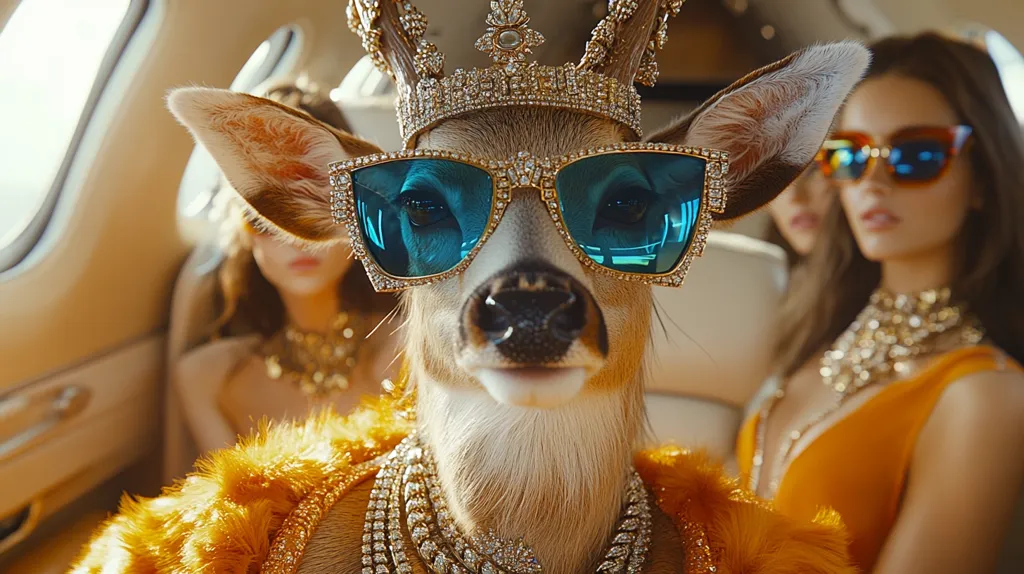A deer wearing a diamond-encrusted crown, sunglasses, and a fur coat sits in the front seat of a private jet. The deer has a mischievous look on its face, and two women in sunglasses and gold jewelry sit behind it. The image is a humorous and surreal depiction of luxury and excess.