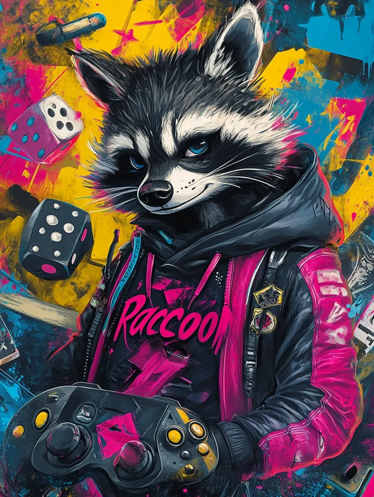 A raccoon wearing a black hoodie and pink jacket is holding a black video game controller. The raccoon is looking directly at the viewer with a sly expression. The background is a vibrant abstract pattern with splashes of yellow, pink, and blue. There are also dice scattered throughout the image.  The overall vibe of the image is cool, edgy, and playful.