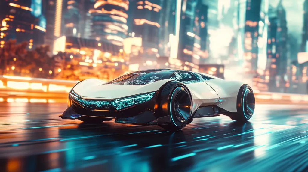 A futuristic, white sports car with glowing blue accents drives on a sleek, blue-lit roadway in a city at night. The car has a sleek, aerodynamic design and a low profile. The city skyline is blurred in the background, with warm yellow lights illuminating the scene. The car is moving quickly, and the image creates a sense of speed and excitement.