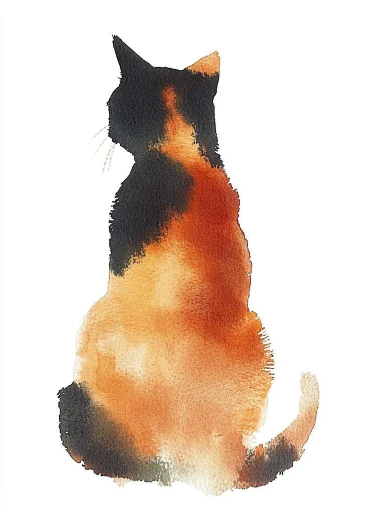 A watercolor painting of a calico cat sitting on a white background. The cat is facing away from the viewer, its back and tail are visible. The cat is painted in shades of orange, black, and white, creating a soft and blurry effect. The painting is simple yet elegant, capturing the essence of a feline companion.