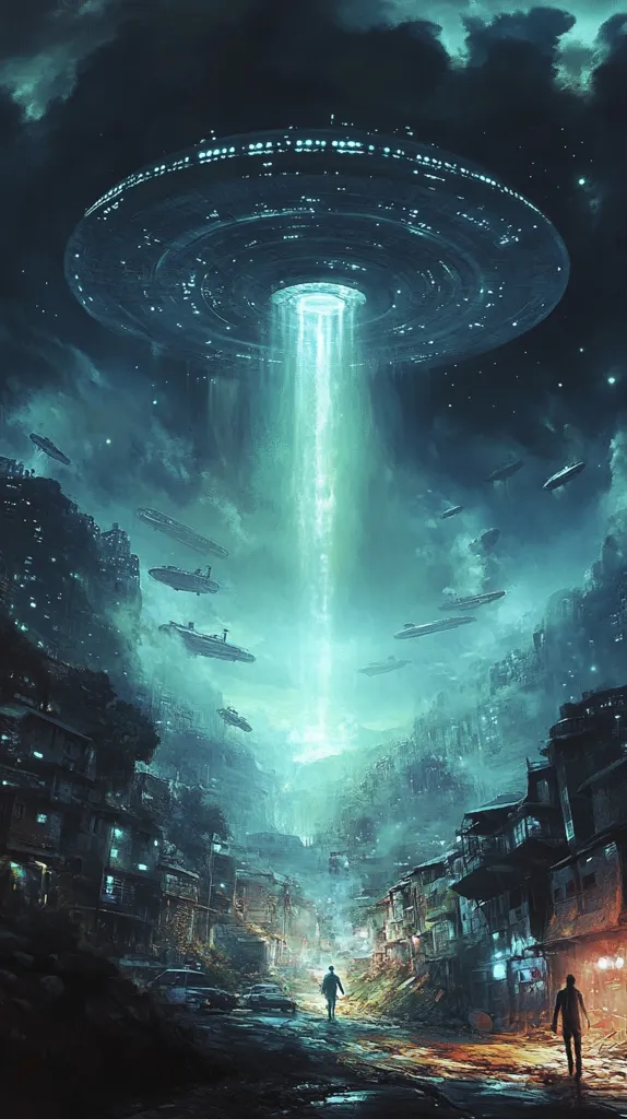 A large, circular spaceship hovers over a dystopian city, with a beam of light projecting down towards the ground. Several smaller spaceships fly around, some with their own beams of light. The city is built into the side of a rocky cliff and appears to be abandoned. Two figures are walking towards the center of the scene. The image is dark and ominous, with a sense of foreboding.