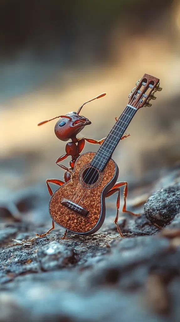 An ant is playing a miniature guitar. It is standing on a rock surface with its legs extended. The guitar is a reddish brown color and has a detailed design. The ant is in focus and the guitar is slightly blurred.  The ant's body is reddish brown and has large eyes. The background is out of focus.