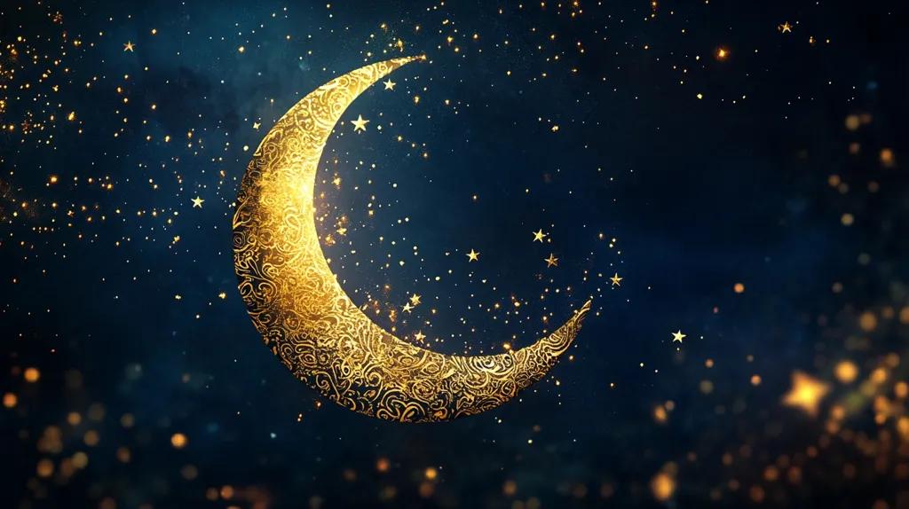 The image depicts a golden crescent moon with intricate designs, set against a dark blue night sky. The moon is the focal point, illuminated by a soft glow, while the background is filled with twinkling stars and a subtle haze, creating a magical and celestial atmosphere.  The image evokes a sense of wonder and spirituality, perhaps referencing a religious or cultural celebration.