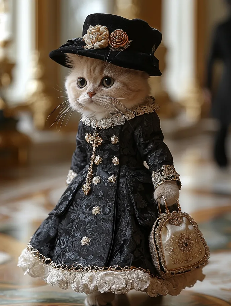A cat dressed in a black and gold dress with a white lace trim and a black hat adorned with a flower. It is carrying a gold handbag with intricate details. The cat is in a formal setting, perhaps a palace or mansion, with a marble floor and gold trim. The cat's facial expression is serious and elegant. The overall image is humorous and whimsical, depicting a cat in a luxurious human-like outfit.