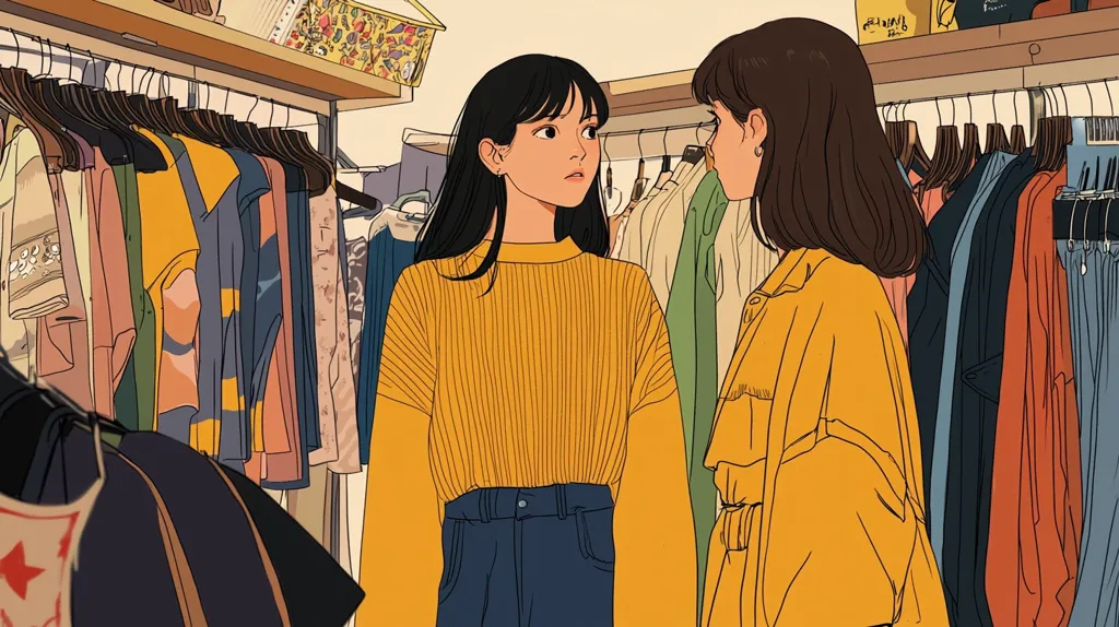 Two young women stand in a clothing store, surrounded by racks of colorful clothing. They are both wearing yellow sweaters and have long dark hair. The woman on the left is looking at the woman on the right. The woman on the right is looking down. The store is brightly lit and there is a lot of detail in the drawing.