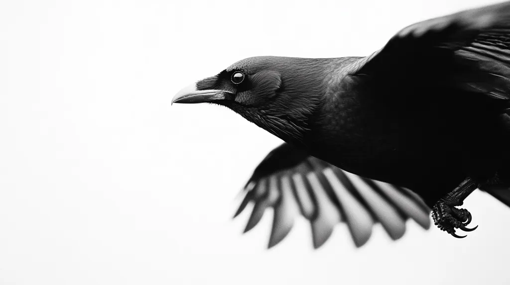 The image is a black and white photograph of a crow in flight against a plain white background.  The crow's wings are spread wide, with the feathers visible in the shadow cast on the white background. The crow's head is turned to the left, and its sharp beak is slightly open. The image is captured in a moment of flight, showcasing the crow's powerful wings and its streamlined form.  The sharp contrast between the black bird and the white background creates a sense of drama and intensity.
