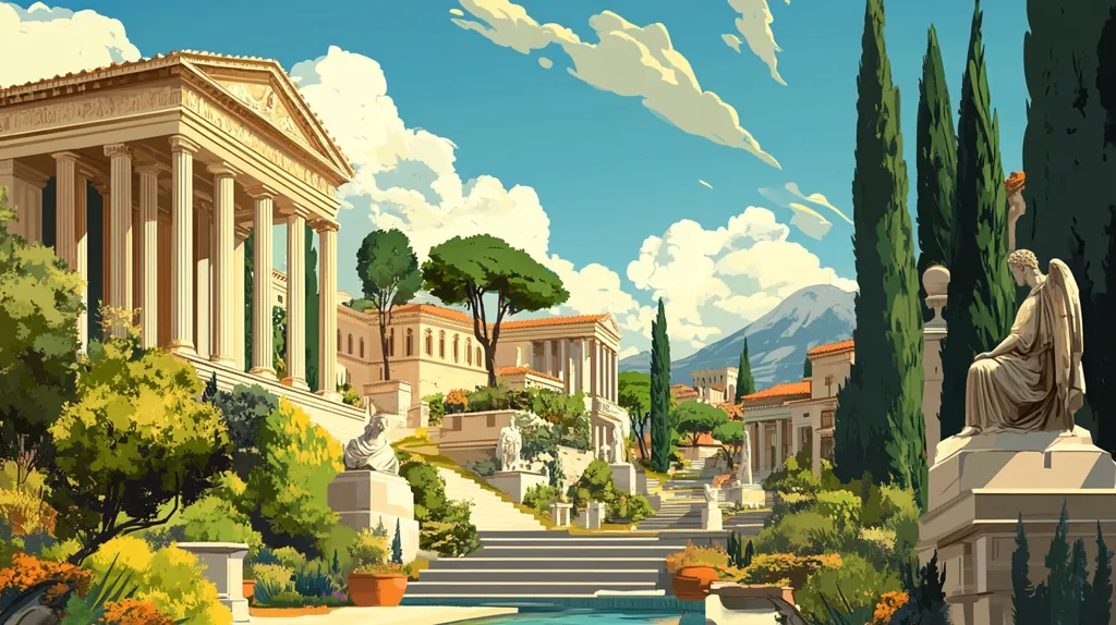 The image depicts a grand, classical-style building with a colonnade facade, nestled amidst lush greenery. The building stands on a series of steps leading up to a verdant hilltop, with other buildings visible in the background. Tall cypress trees frame the scene on the right, while a statue of a winged figure sits atop a stone platform. The sky is a bright blue with fluffy white clouds. The overall impression is one of serenity and architectural grandeur.