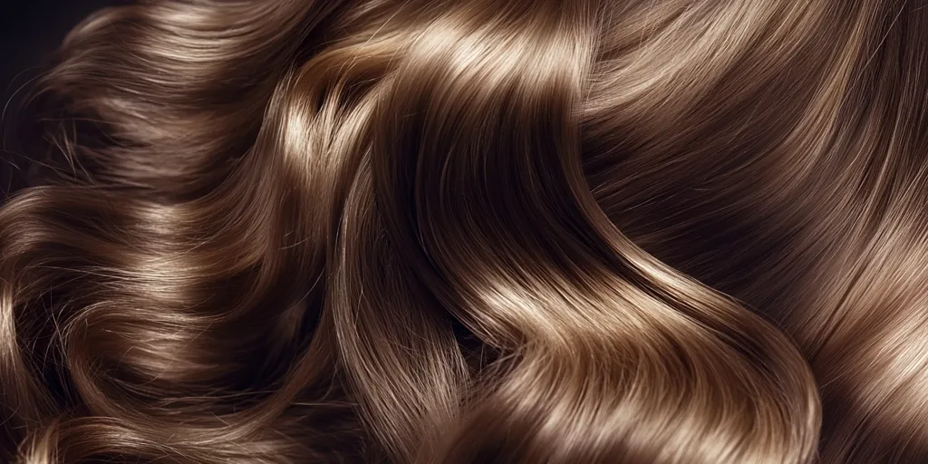 The image shows a close-up of long, flowing, brown hair. The hair is styled in loose waves and appears soft, shiny, and healthy. The image focuses on the texture and color of the hair, creating a luxurious and appealing visual. The background is dark, highlighting the hair's vibrancy.