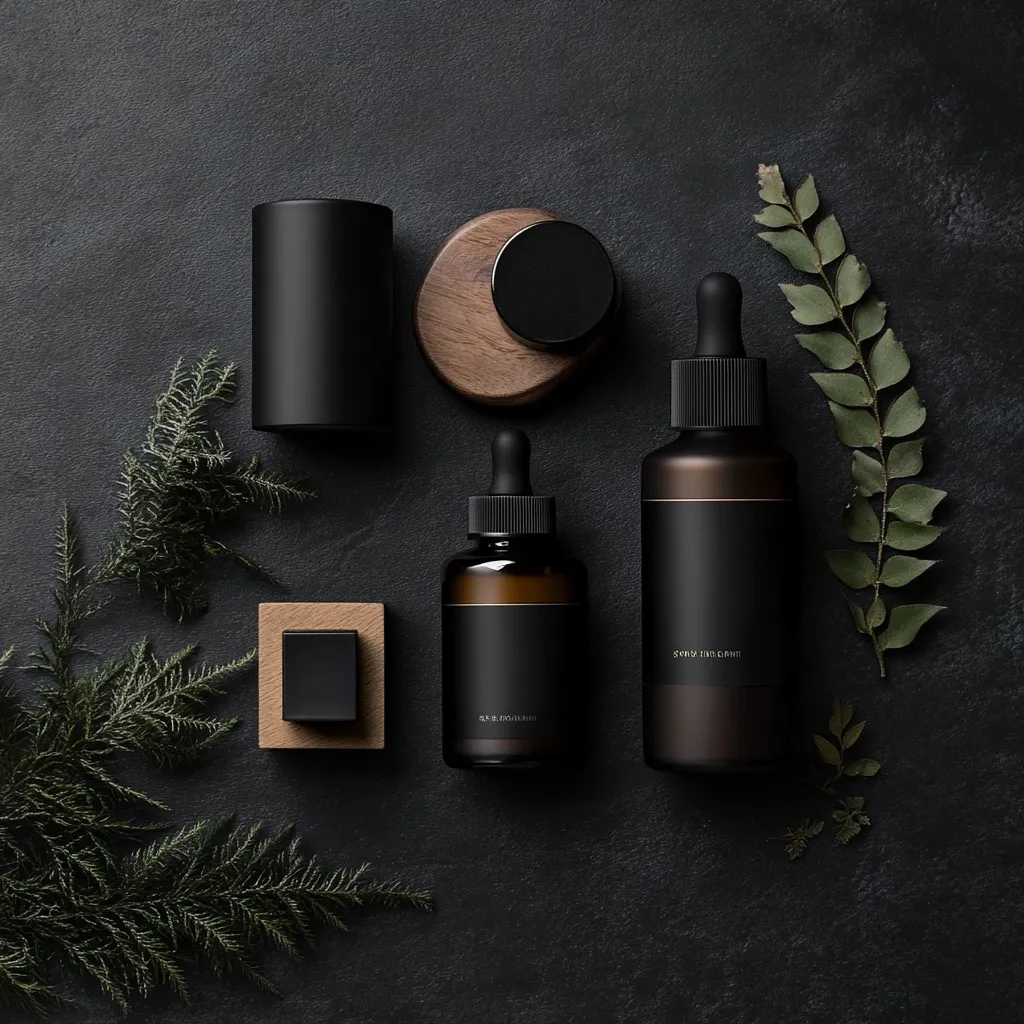 Three black and brown bottles with black labels are arranged on a dark surface with two wooden coasters and sprigs of green foliage. The bottles are all different sizes and shapes, and the coasters are made of different materials. The overall effect is one of simplicity and elegance.