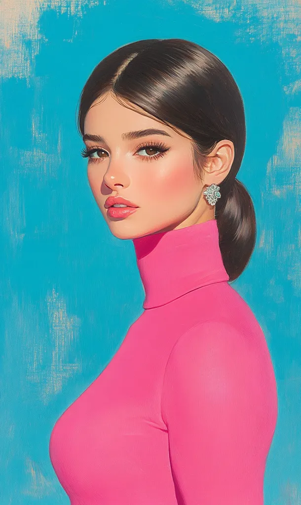 A woman with long dark hair and wearing a bright pink turtleneck sweater is looking off to the side. Her long hair is styled in a low bun with a few strands loose in the front. She is wearing a single large diamond earring in her left ear.  Her eyes are dark and her lips are painted a bright pink. The background is a bright blue. The painting has a textured feel, like it was painted with oil on canvas.