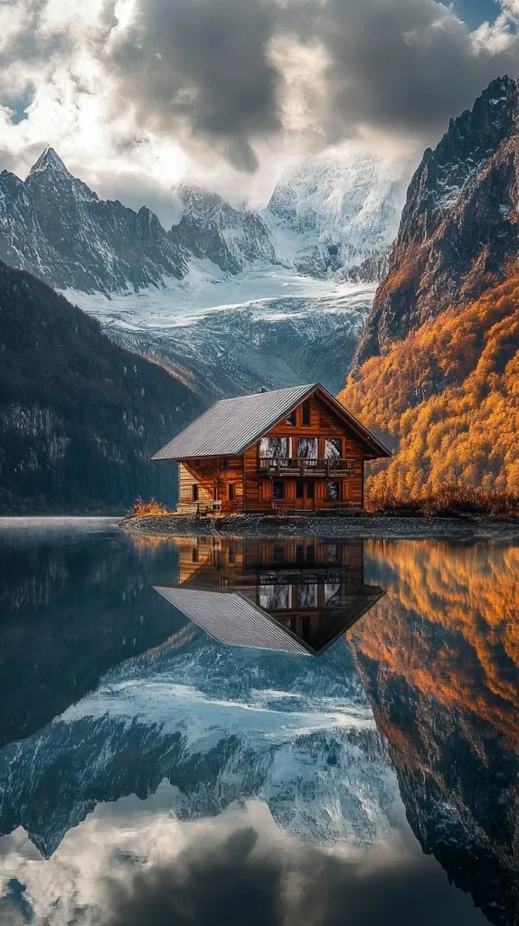 A wooden cabin sits on a small peninsula jutting out into a still lake. The lake reflects the surrounding mountains, creating a mirror image of the landscape. The mountains are covered in snow, while the trees on the shore have turned golden brown in the fall. The sky is cloudy, adding a sense of mystery to the scene. The cabin appears to be a peaceful retreat from the busy world.
